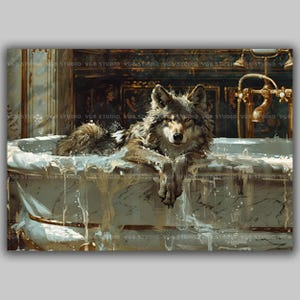 Wolf Bath Victorian Bathtub, Canine Bathroom Whimsical Fine Art Print, Wild Animal Bubble Bath Baroque Painting Wall Art P11