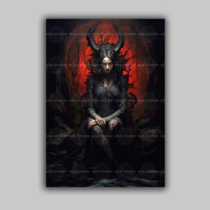 Lilith Dark Queen on Throne Gothic Baroque Oil Painting Style Branch Crown Occult Witchy Dark Feminine Mythology Decor H53