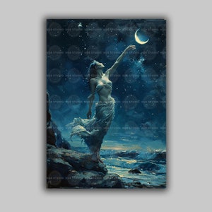 Selene Art Print Greek Moon Goddess Night Sky Ocean Mystical Wall Decor Divine Feminine Mythology Celestial Gift Spiritual Blue Art M05