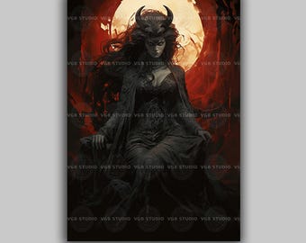 Dark Lilith Demon Queen Wall Art Print, Gothic Goddess Lilith Painting, Feminine Dark Divine Artwork, Occult Mythology Red Moon Witch E73