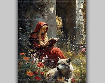 Red Riding Hood Art Print, Girl Reading a Book Beside a Tame Wolf, Wildflowers and Poppies by Stone Ruins, Storybook Cottagecore Decor y16