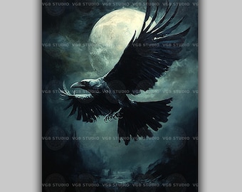Raven Art Print Gothic Crow Wall Decor Full Moon Bird Flying at Night Fantasy Animal Painting Witchy Forest Artwork Dark Mystical Bird aa33