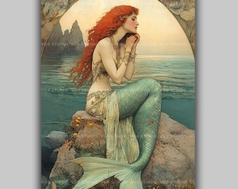 Art Nouveau Mermaid Ocean Wall Art Print, Vintage Mermaid Illustration, Coastal Fantasy Sea Nymph Artwork, Red Hair Siren Painting AF64