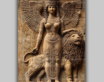 Antike Ishtar Relief Mesopotamischen Göttin der Liebe und Krieg Kunstdruck, Babylonische Göttliche Weibliche Kraft Mythologische Wand-Dekor-Kunst ab48