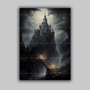 Dracula’s Castle Art Print Gothic Castle Wall Art Vampire Mansion Spooky Haunted House Dark Fantasy Gothic Horror Artwork Misty Forest D69