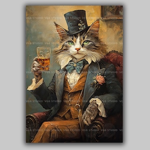 Victorian Cat Art Print Whimsical Animal Portrait Dapper Cat with Drink Top Hat Wall Decor Vintage Style Cat Gentleman Fantasy Cat Art z52