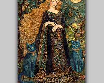 Freyja Norse Goddess Blue Mystical Cats and Moon Decor,Nordic Mythology Enchanting Freya Portrait Illustration,Feminine Magic and Power aa75