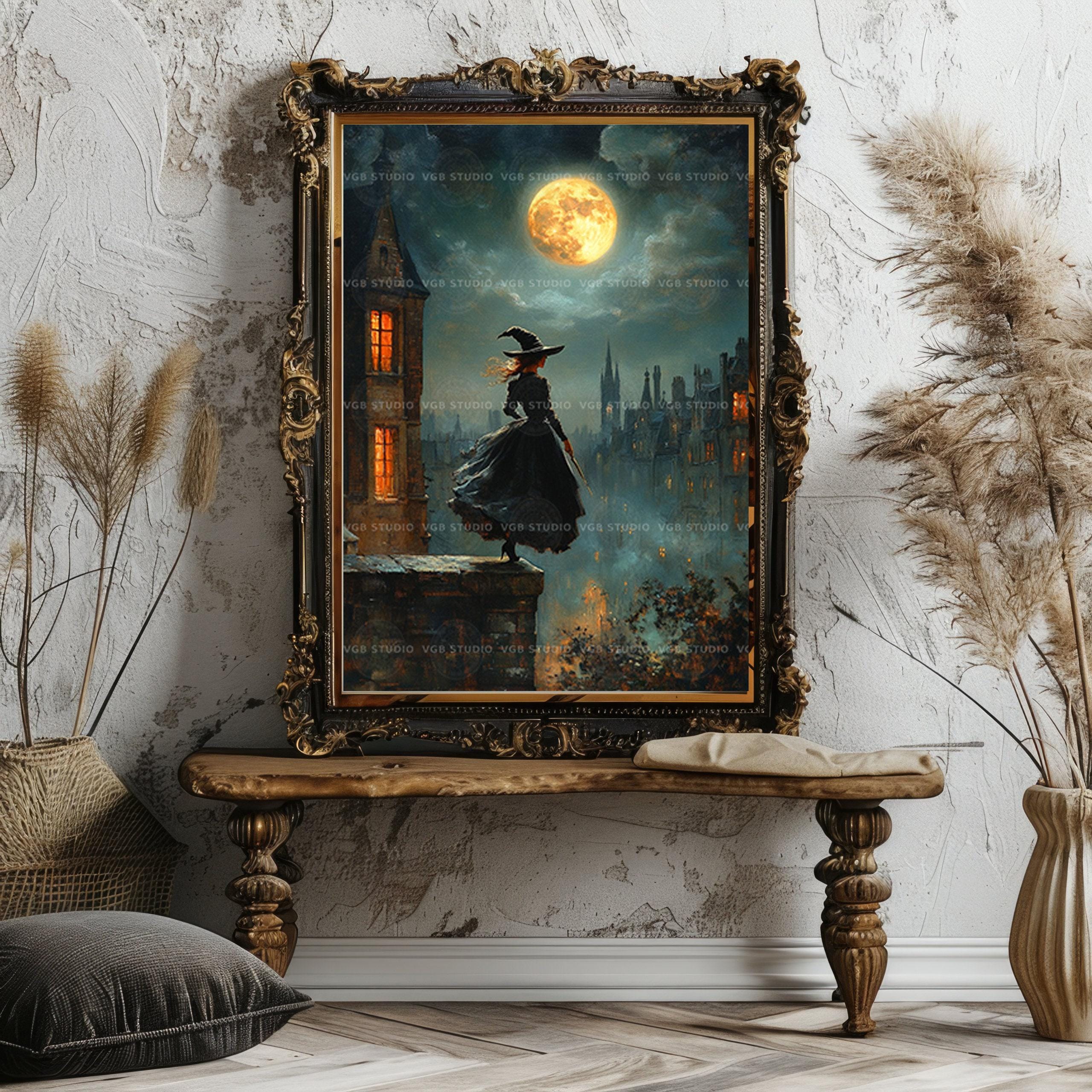 Witch Wall Art Print, Full Moon Gothic City Poster, Dark Academia