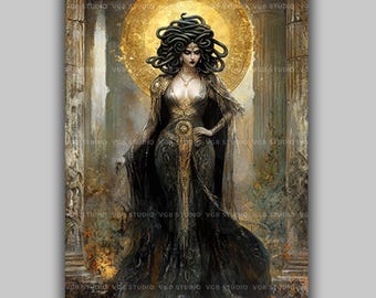 Medusa Art Print, Greek Mythology Gorgon Queen with Ornate Halo, Ancient Civilization Art, Gothic Wall Decor, Dark Feminine Portrait AN89