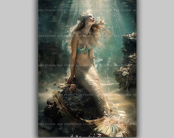 Underwater Mermaid Art Print, Sunlit Ocean Depths with Coral, Ethereal Fantasy Sea Wall Decor, Coastal Bathroom Gift H99