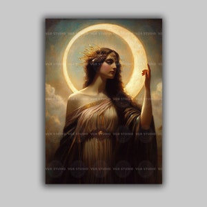 Selene Art Print Greek Moon Goddess with Halo Classical Mythology Feminine Divine Portrait Lunar Magic Pagan Wiccan Decor Celestial J63