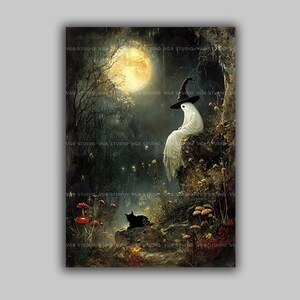 Ghost in a Witch Hat Art Print, Spirit and Black Cat in a Moonlit Toadstool Forest, Vintage Halloween Cottagecore Wall Decor u21