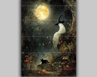 Ghost in a Witch Hat Art Print, Spirit and Black Cat in a Moonlit Toadstool Forest, Vintage Halloween Cottagecore Wall Decor u21