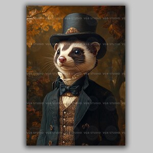 Victorian Ferret Gentleman Art Print in Top Hat and Bowtie, Dapper Forest Animal Portrait, Whimsical Woodland Creature Wall Decor AE66