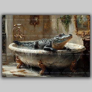 Funny Alligator in Marble Bathtub Art Print, Quirky Animal Bathroom Decor, Luxurious Gator Wall Art, Regal Reptile Print for Home AF19