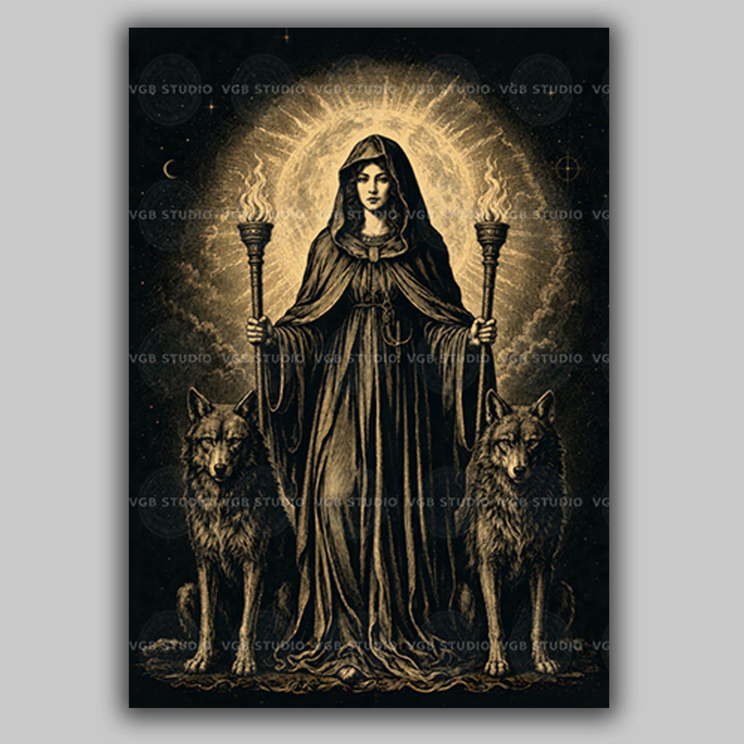 Hecate Hekate Black Gold Wall Art Print, Hooded Greek Goddess With