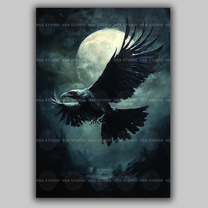 Raven Art Print Gothic Crow Wall Decor Full Moon Bird Flying at Night Fantasy Animal Painting Witchy Forest Artwork Dark Mystical Bird aa33