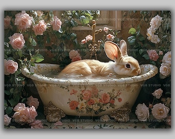 Entzückendes Kaninchen in der Badewanne Illustration Vintage Poster Häschen Illustration CottageCore Tier Illustration Vintage Geschenk ab56