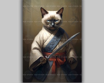 Samurai Cat Art Print Japanese Warrior Cat Wall Decor Martial Arts Animal Art Feline Samurai Gift Zen Home Decor Cute Cat Lover Artwork D92