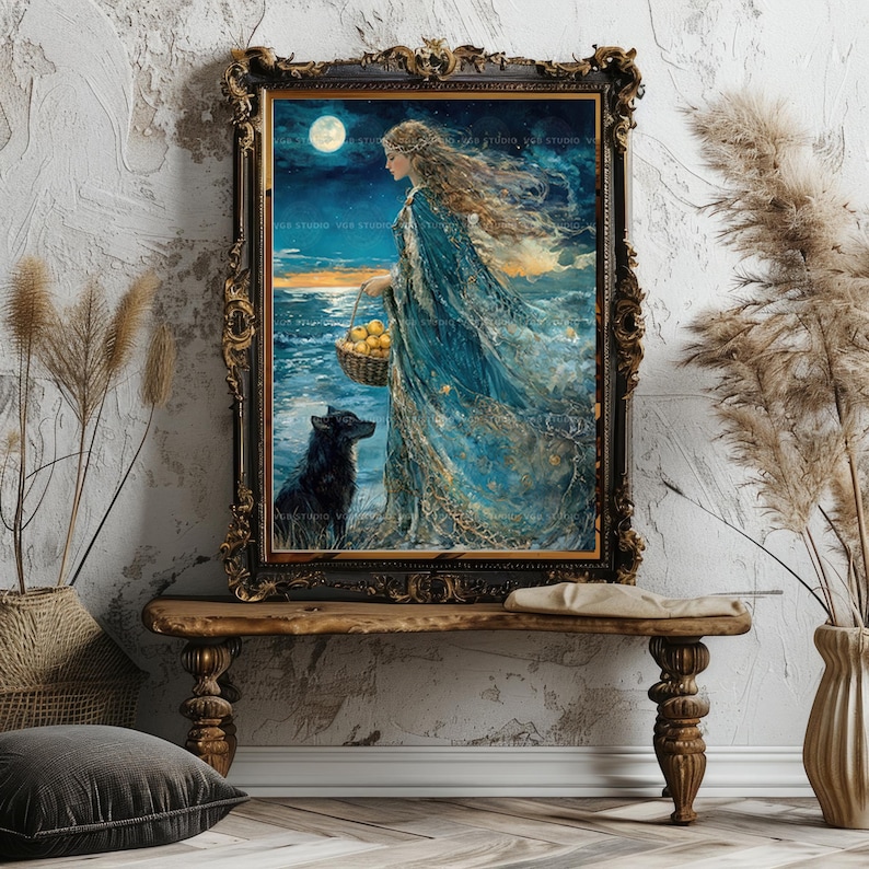 Nehalennia Art Print | Celtic Sea Goddess Wolf Moon Ocean Apples ...
