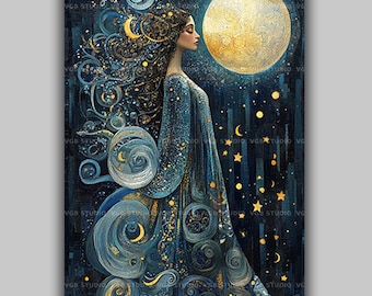 Selene Greek Goddess of the Moon Lunar Deity Mythology Art Print Starry Night Sky Divine Feminine Celestial Fantasy Wall Decor y73