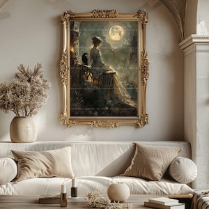 Viktorianische Frau als Kunstdruck, Rabe auf Burgruinen, Vollmond-Wanddeko im Stil der Skurrilität, Gemälde mit dunkler Romantik und Krähe, Stimmungsposter L94 Bild 4
