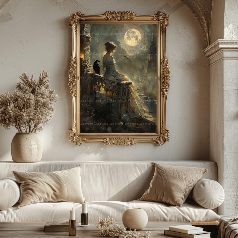Viktorianische Frau als Kunstdruck, Rabe auf Burgruinen, Vollmond-Wanddeko im Stil der Skurrilität, Gemälde mit dunkler Romantik und Krähe, Stimmungsposter L94 Bild 4