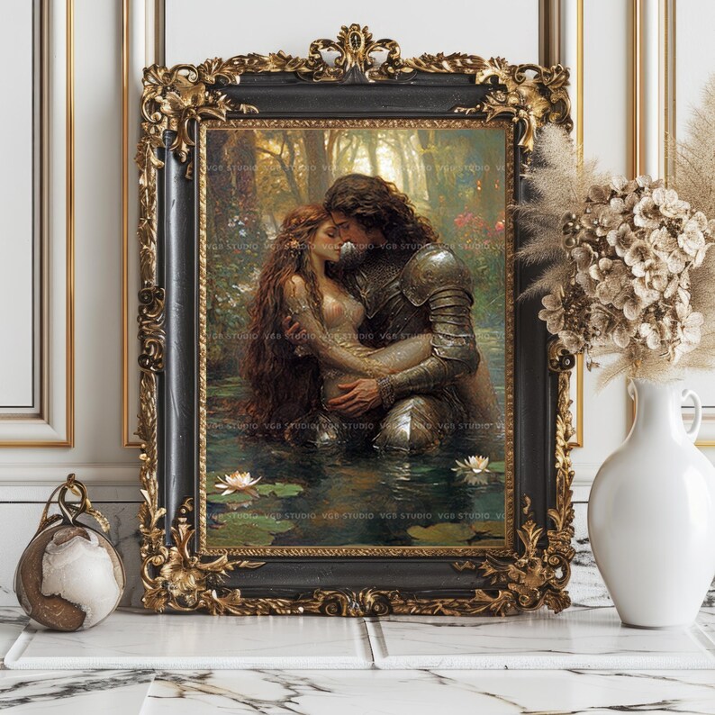 Muurdecoratie met ridder en jonkvrouw, fantasyromantiek, Arthurlegende, middeleeuwse kunst, decoratie met waterlelies, Dark Academia, sprookjesachtige cadeaus ad70T afbeelding 8