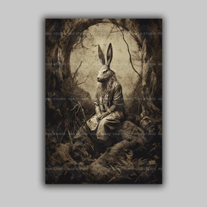 Creepy Rabbit Forest Art Print Surreal Woodland Creature Gothic Folklore Decor Dark Fairy Tale Illustration Anthropomorphic Sepia Poster f62