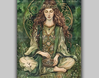 Airmid Celtic Goddess Art Print, Irish Herbalist Sorting Healing Herbs, Green Witch Apothecary Decor AN19