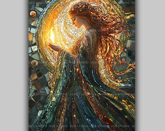 Brigid Celtic Goddess of Fire and Inspiration Art Print, Radiant Stained Glass Ethereal Fantasy Decor, Spirituality Mythology Art y67