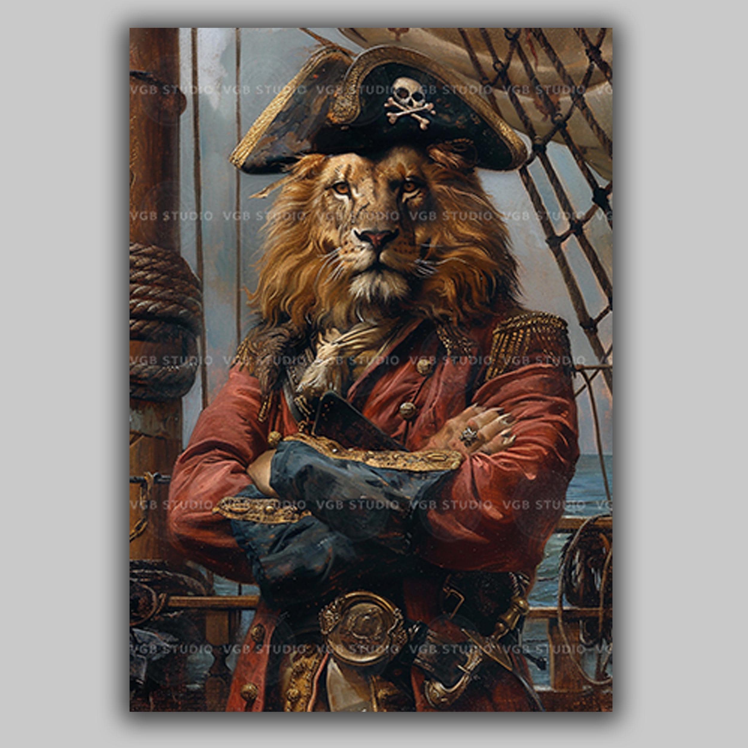 Pirate Lion Wall Art Print Nautical Dressed Animal Illustration