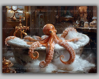 Octopus Bathroom Wall Art Print, Funny Bathtub Sea Creature, Vintage Nautical Decor, Quirky Guest Toilet Picture, Maximalist Ocean Gift L79