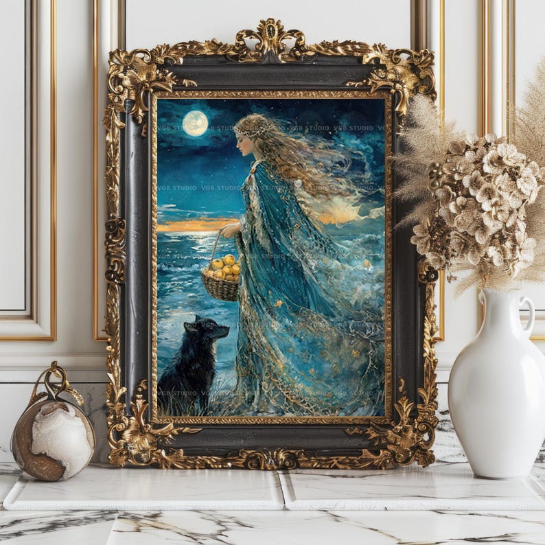 Nehalennia Art Print | Celtic Sea Goddess Wolf Moon Ocean Apples ...