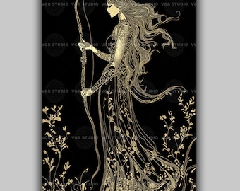 Artemis Greek Goddess Art Print Moon Huntress Bow and Deer Divine Feminine Mythology Pagan Wicca Decor Fantasy Line Art Gold on Black U41