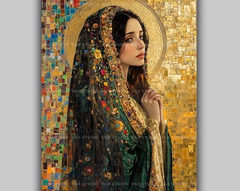 Mary Magdalene Art Print Mosaic Icon Saint Portrait Sacred Decor Christian Woman Gold Halo Catholic Gift Spiritual Wall Faith Art Home AJ52