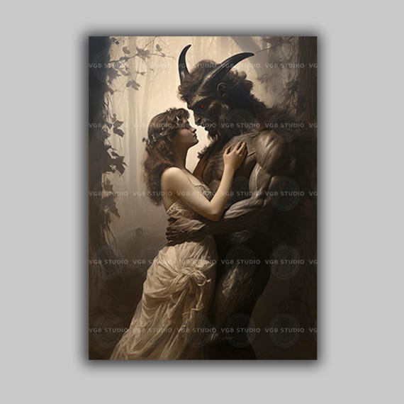 Gothic Monster Romance Wall Art Print, Horned Beast And Woman Embrace, Dark Fantasy Lovers, Occult Fairy Tale, Beauty Beast Macabre E08