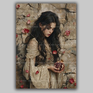 Persephone Art Print, Greek Goddess Holding a Split Pomegranate, Falling Rose Petals and Cracked Stone, Dark Academia Wall Decor AF32