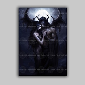Dark Fantasy Art Print Gothic Demon Angel Embrace Moonlit Lovers Supernatural Romance Gothic Wall Decor Horned Winged Couple J55