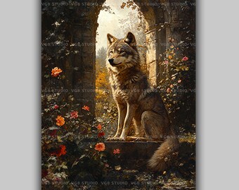 Einsamer Wolf in zerstörtem Gartenbogen-Kunstdruck, gotisches Waldtier-Portrait, dunkle Academia-Naturdekor, rustikale Cabin Geschenk y04