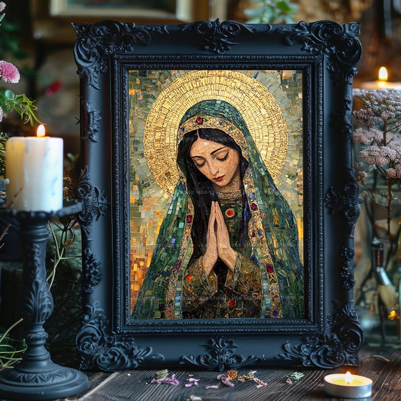 Mary Magdalene Mosaic Art Print Sacred Feminine Saint Religious Icon Christian Mythology Decor Golden Halo Spiritual Wall Artwork AJ68 image 2
