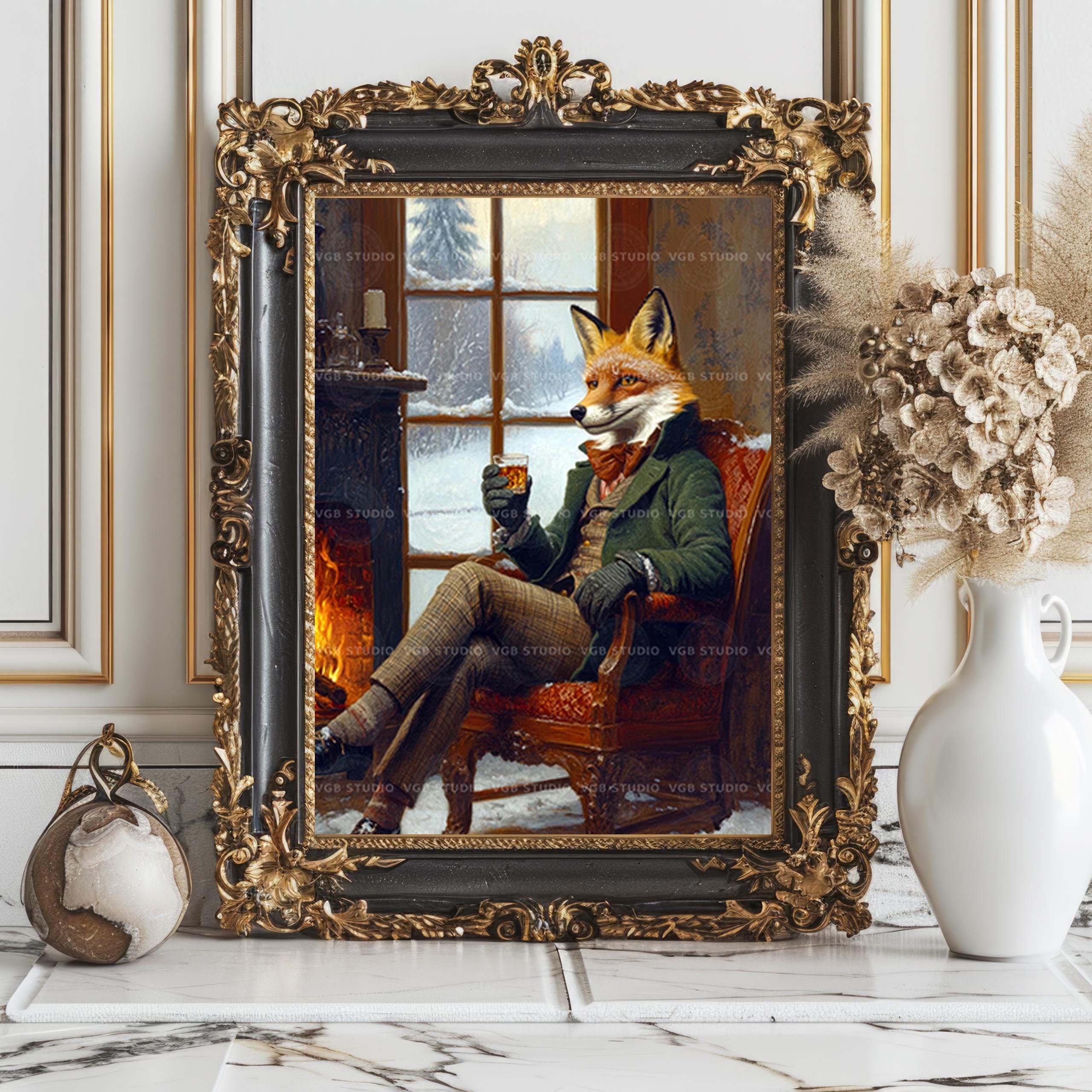 Fox With Whiskey Art Print | Gentleman Fox by Winter Window