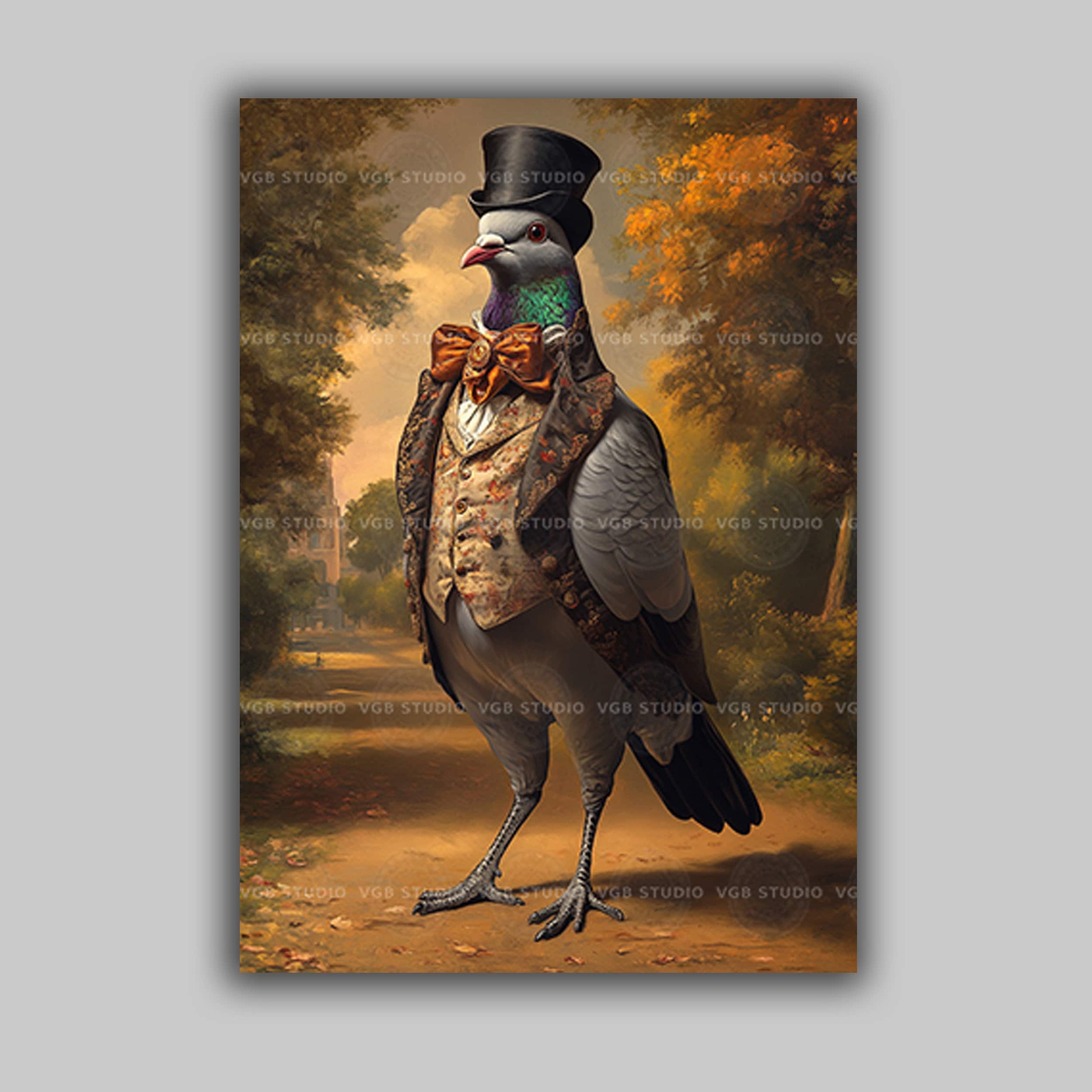 Victorian Pigeon Art Print Whimsical Bird in Top Hat Funny Animal Portrait Dressed Pigeon Decor Quirky Gentleman Illustration Wall Art U03