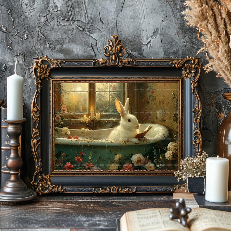 Whimsical Bunny Art Print Rabbit in Bathtub Reading Vintage Cottagecore Bathroom Decor Cozy Animal Illustration Floral Pastel Wall Art S06 image 5