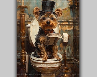 Konsttryck av Yorkshireterrier, viktoriansk gentleman med Yorkshireterrier som läser tidning på toaletten, rolig badrumsdekoration P26