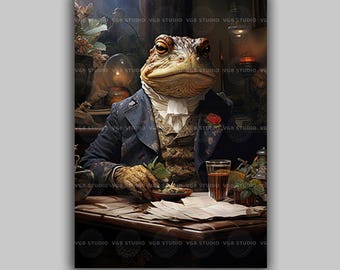 Lámina artística de caballero sapo victoriano, retrato de rana con traje, decoración caprichosa de estudio de anfibios, obra de arte animal de la academia oscura, rana peculiar G90b