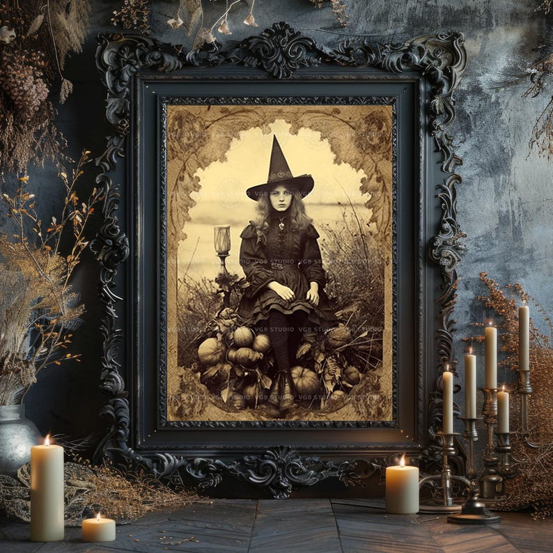 Vintage Witch Art Print Halloween Decor Gothic Pumpkin Portrait ...