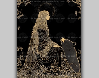 Artio Keltische beer godin art nouveau print mythologie heidense godheid artwork fantasie natuur geest decor mystieke godin met beer AJ80