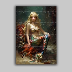Blonde Mermaid With Colorful Scales Sitting Among Seashells Fantasy Underwater Art Print R93