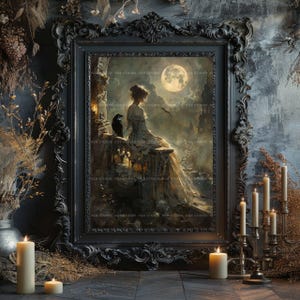Viktorianische Frau als Kunstdruck, Rabe auf Burgruinen, Vollmond-Wanddeko im Stil der Skurrilität, Gemälde mit dunkler Romantik und Krähe, Stimmungsposter L94 Bild 8